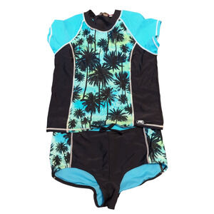RWAY SWIMMING Black Teal Tropical 2 Piece Rash Guard Boy Shorts Girls 16 1/2 XXL